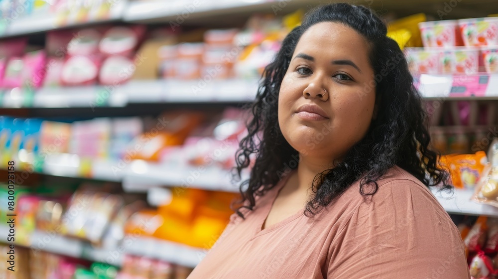 A woman with dark curly hair wearing a pink top standing in a grocery store aisle with various packaged food items in the background.