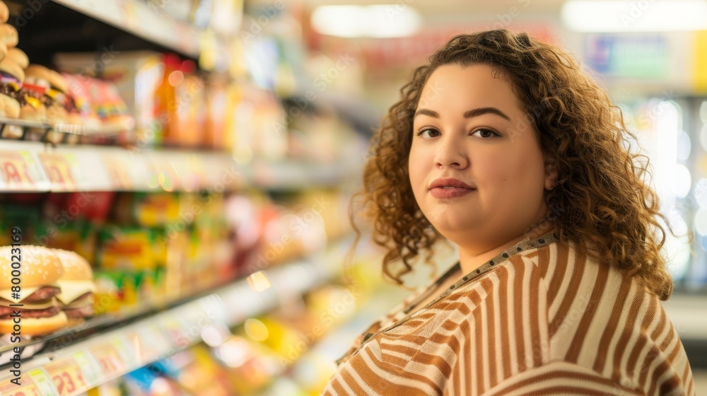 A woman with curly hair standing in a grocery store aisle looking at the camera with a neutral expression. A woman with curly hair standing in a grocery store aisle looking at the camera with a neutral expression.