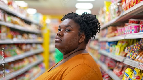 A woman in an orange top stands in a supermarket aisle looking over her shoulder with a serious expression surrounded by various packaged food items on shelves.