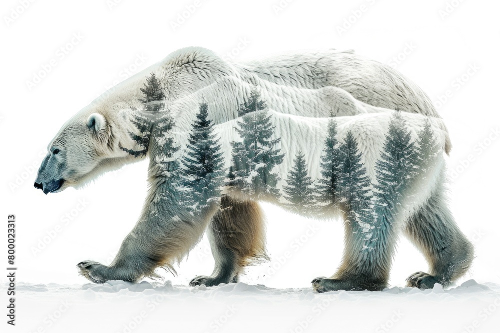 Fototapeta premium Polar Bear and Pine Forest Double Exposure