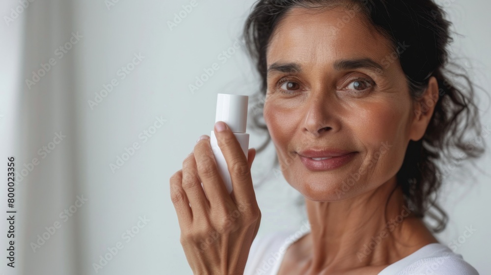 Woman holding a white spray bottle smiling with a hint of wrinkles suggesting a mature age against a blurred white background possibly a skincare product. Woman holding a white spray bottle smiling with a hint of wrinkles suggesting a mature age against a blurred white background possibly a skincare product.