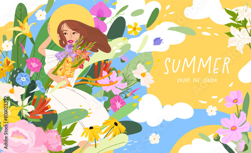 Summer banner with woman girl surrounded by flowers in a field. Cute card and poster  web and social media cover for the summer spring holiday. Showcasing the beauty of nature and botany