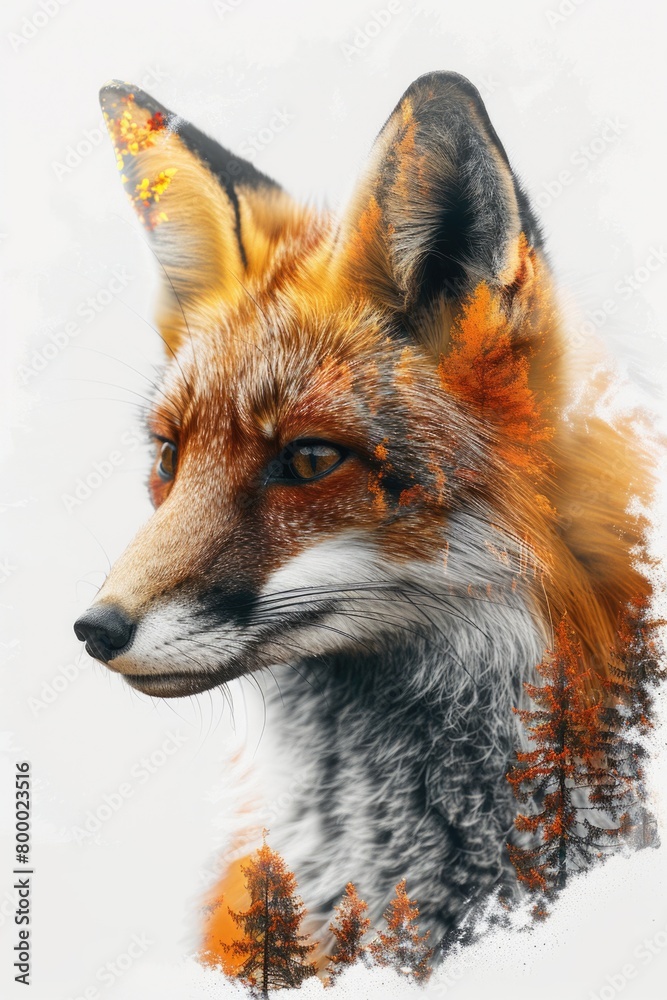 Fototapeta premium Fox with Fall Foliage Double Exposure