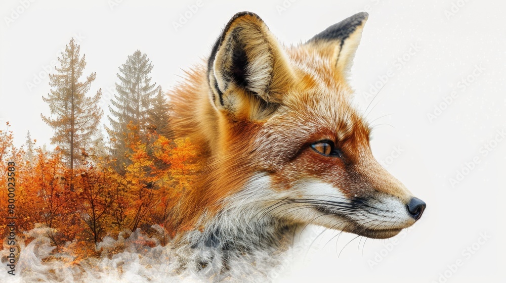 Fox with Fall Foliage Double Exposure