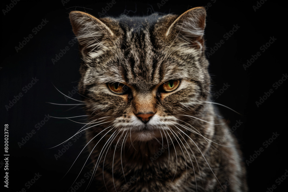 Close-up portrait of angry cat looking at camera on black background