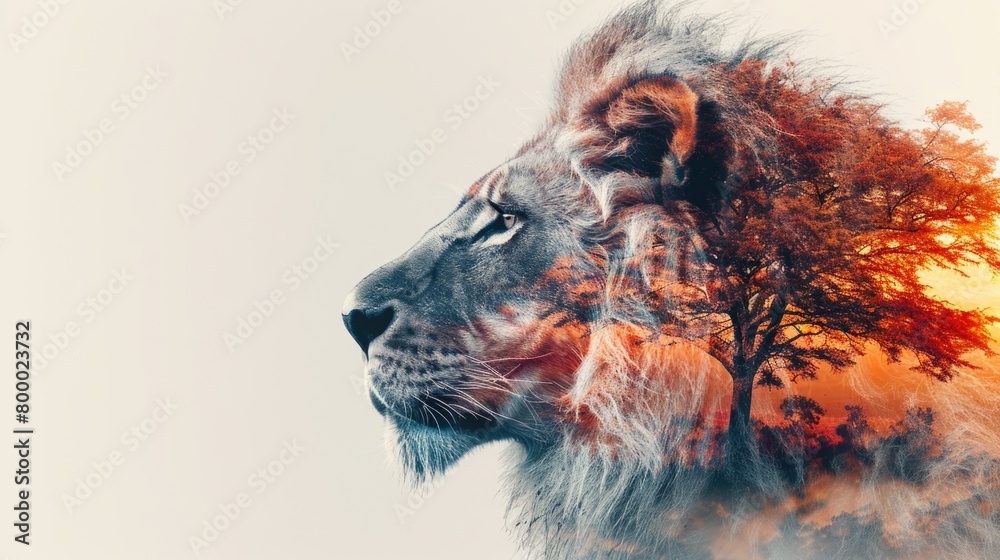 Lion with Evening Forest Double Exposure