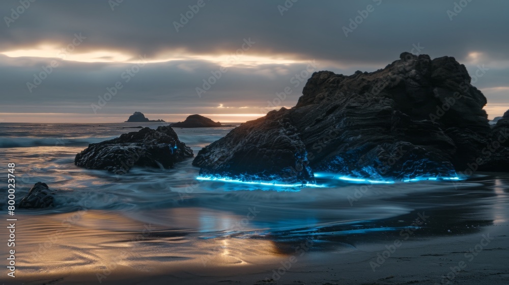 Spectacular bio-luminescent waves crashing at night on a rocky beach under a dramatic sky