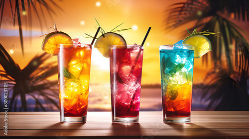 cocktail in the bar,Tropical cocktail background with refreshing drinks,three Cold summer cocktail drinks