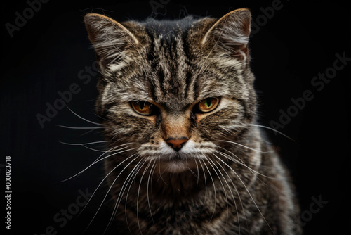 Close-up portrait of angry cat looking at camera on black background