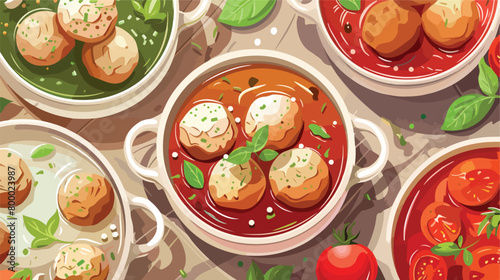 Pots with tasty meatball soup on color background 