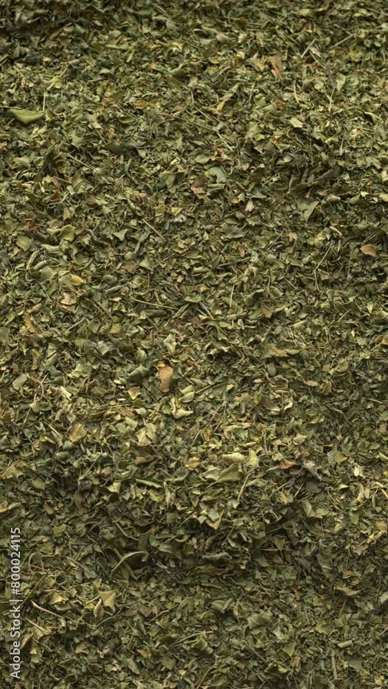 Top view of dried Moringa oleifera leaves as a background. Tea from moringa leaves is a treatment for many diseases. Table spin; vertical video. Top view of dried Moringa oleifera leaves as a background. Tea from moringa leaves is a treatment for many diseases. Table spin; vertical video.