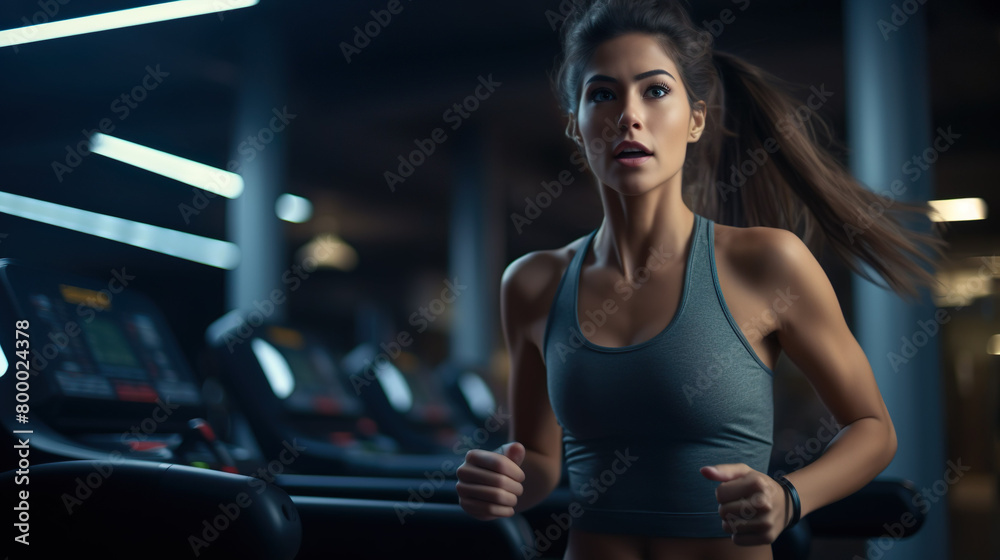 A determined young woman in athletic wear is running on a treadmill in a modern gym, focused on her workout.