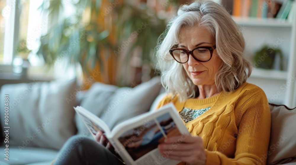 Woman with gray hair wearing glasses reading a magazine on a couch in a cozy well-lit room with plants and books.