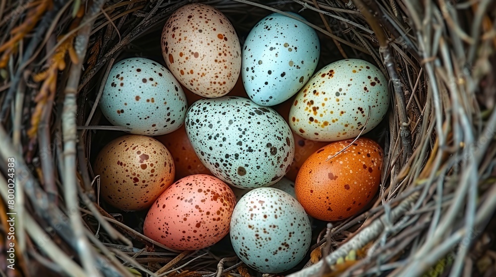 Colorful speckled eggs nestled in a natural twig nest amidst fallen leaves