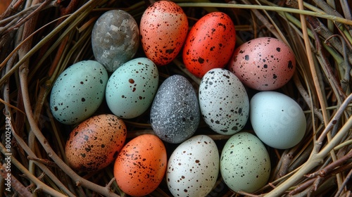 Colorful speckled eggs nestled in a natural twig nest amidst fallen leaves