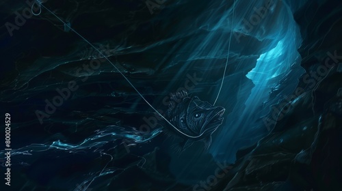 Mystical deep-sea anglerfish with bioluminescent tendrils in a dark underwater scene photo
