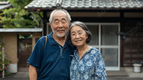 An elderly couple smiling and embracing standing in front of a traditional Japanese house with a tiled roof and wooden structure.