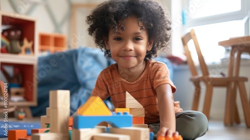 Young child with curly hair wearing an orange shirt sitting on the floor and smiling while playing with colorful wooden blocks.
