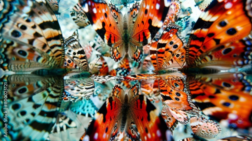Vibrant kaleidoscopic view of colorful butterflies reflected on surface
