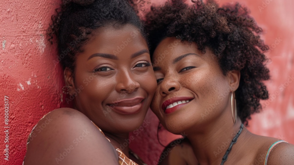 Two women with curly hair smiling and leaning against a red wall enjoying a moment of camaraderie. Two women with curly hair smiling and leaning against a red wall enjoying a moment of camaraderie.