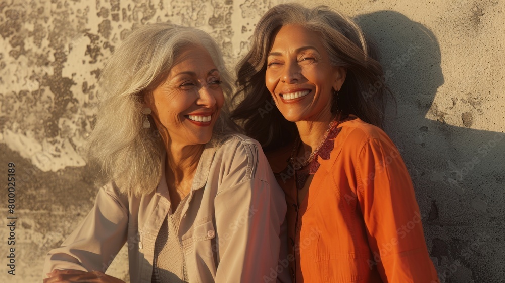 Two smiling women one with gray hair the other with dark hair leaning against a textured wall enjoying a moment together. Two smiling women one with gray hair the other with dark hair leaning against a textured wall enjoying a moment together.