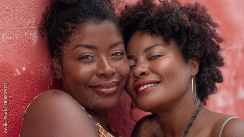 Two women with curly hair smiling and leaning against a red wall enjoying a moment of camaraderie.