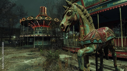 Eerie abandoned amusement park at night with a rusty carousel horse in the foreground photo