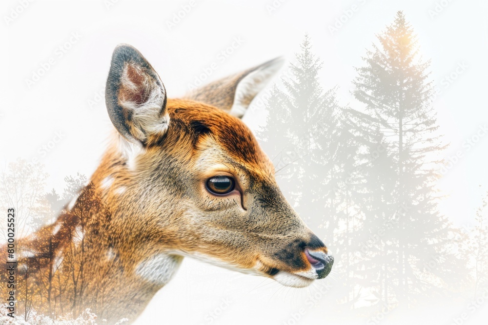 Double exposure with deer and forest scene Double exposure with deer and forest scene