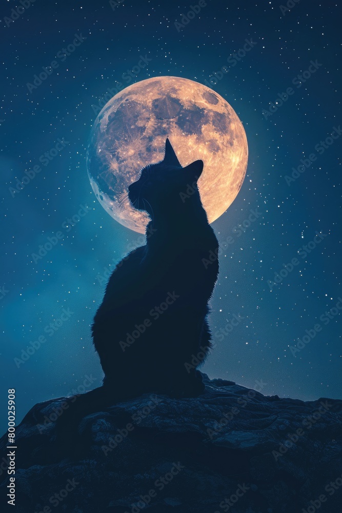 Cat Silhouette Against Full Moon