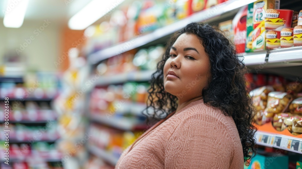 Woman with dark curly hair wearing a pink top standing in a supermarket aisle with various products.