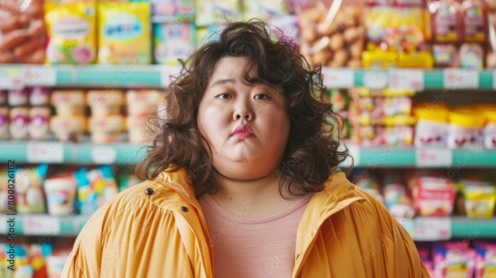 A woman with curly hair wearing a yellow jacket standing in a grocery store aisle with a concerned or puzzled expression.