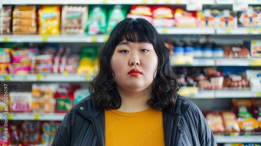 Asian woman with dark hair and red lipstick wearing a black jacket over a yellow top standing in a grocery store aisle with various packaged food items.