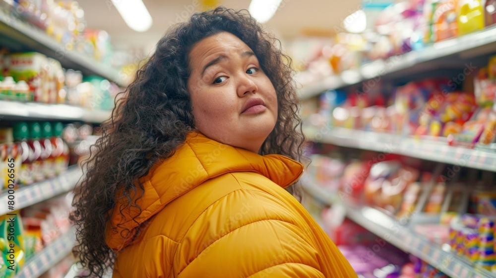 Woman with curly hair wearing a bright yellow puffer jacket standing in a supermarket aisle with a surprised or puzzled expression surrounded by various packaged food products.