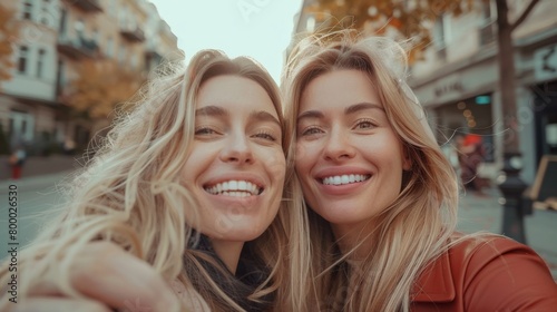 Two smiling women with blonde hair taking a selfie on a city street with blurred buildings and trees in the background.