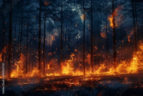 Night fire in the forest with fire and smoke.Epic aerial photo of a smoking wild flame.A blazing,glowing fire at night.Forest fires.Dry grass is burning. climate change,ecology.Line fire in the dark