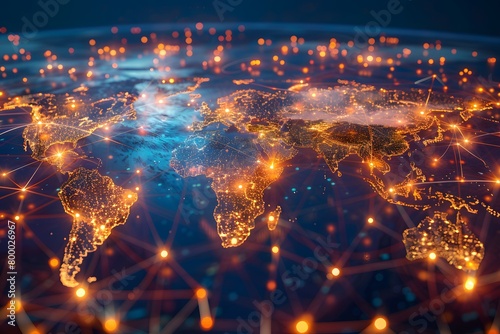 Illustration of Earth at night showing intercontinental connectivity through glowing network lines, the interconnectedness of the global network and the data flow between continents photo