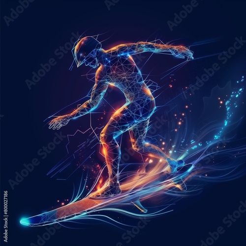 Surfer riding a sea wave in action made of polygon Al neon network on dark blue background