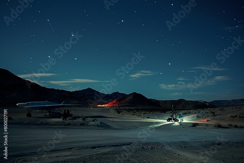 Area 51 at night, With Mysterious Lights And Shadows Casting Eerie Silhouettes Against The Desert Landscape, Generative AI (ID: 800027191)