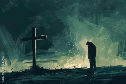Illustration of praying man in front of a cross