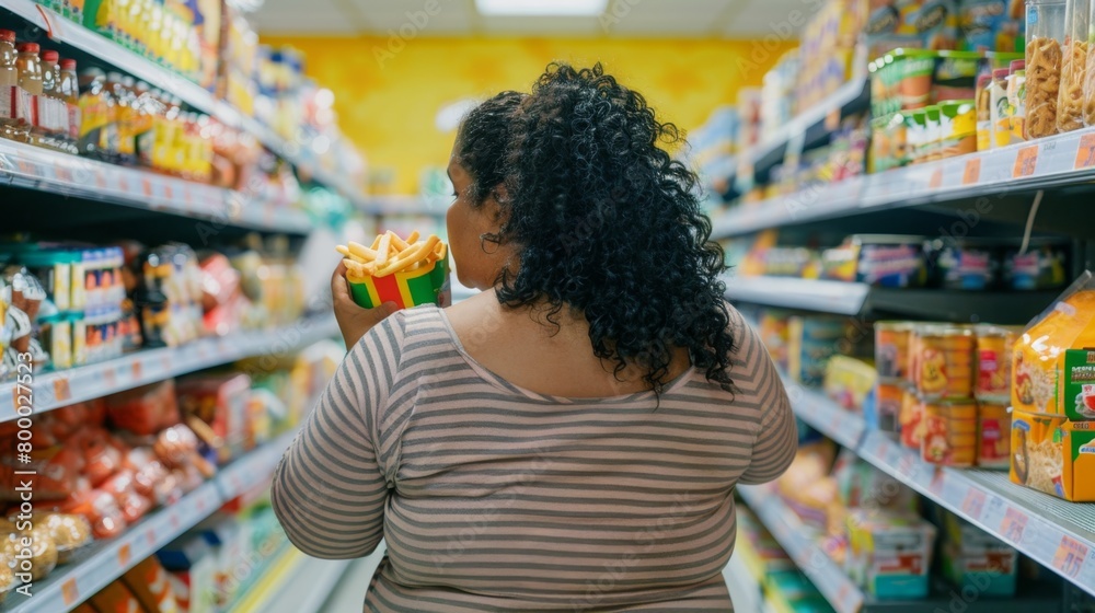 Woman in striped shirt eating fries in supermarket aisle with various packaged food items.