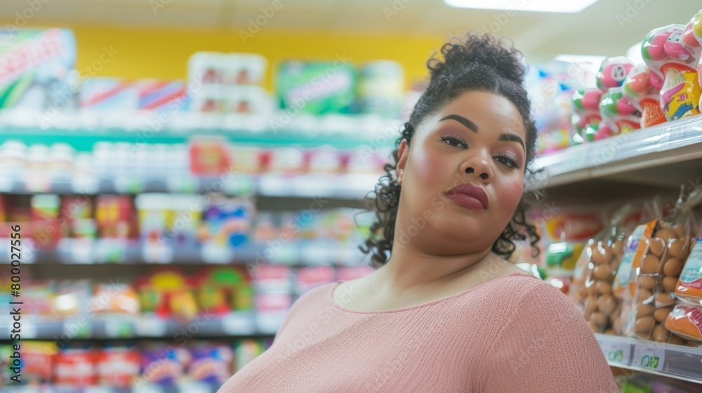 A woman with a side profile wearing a pink top standing in a colorful grocery store aisle with various products in the background.