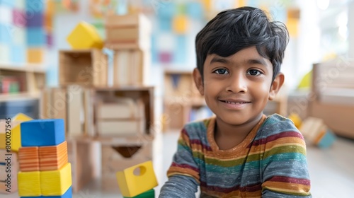 A young child with a joyful expression wearing a colorful striped shirt surrounded by vibrant wooden blocks and toys in a playful environment.