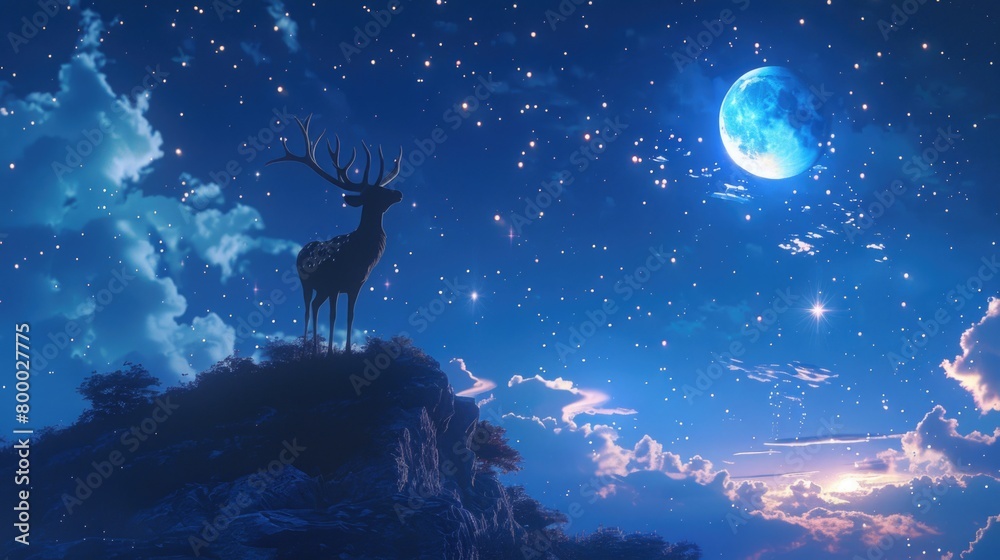 Starry Night Sky with Silhouette of a Deer on a Hilltop Starry Night Sky with Silhouette of a Deer on a Hilltop