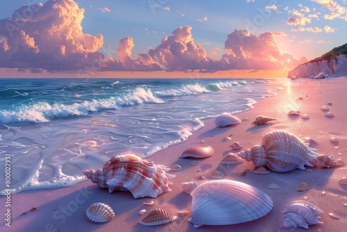 Beautiful seascape with seashells on sandy beach.