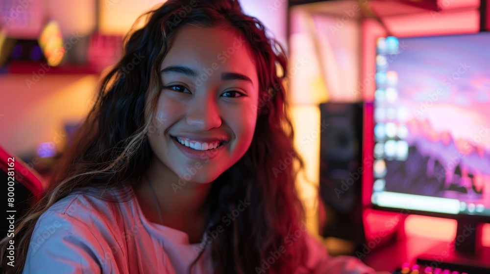 A young woman with curly hair smiling at the camera sitting in front of a computer monitor with a colorful screen in a room with neon lighting. A young woman with curly hair smiling at the camera sitting in front of a computer monitor with a colorful screen in a room with neon lighting.