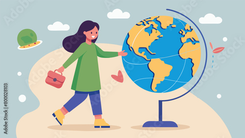 A young girl stands next to a globe excitedly tracing her finger along the paths her ancestors traveled to settle in her current country.. Vector illustration