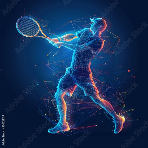 tennis player jumps with a tennis racquet made of polygons lowpoly neon network