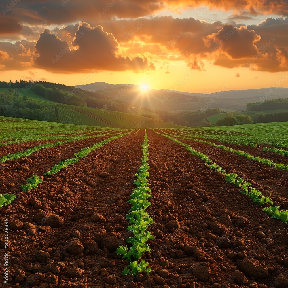 A vast agricultural field with rows of young green plants at sunset
