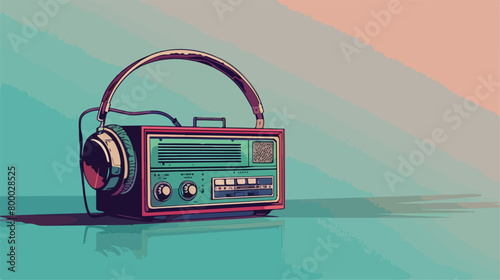 Retro radio receiver with headphones on color background photo