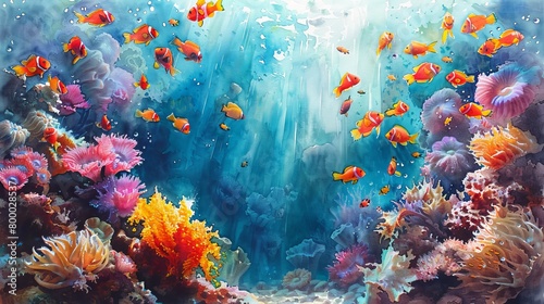 Vibrant watercolor painting of a coral reef ecosystem with colorful fishes and plants © Yusif
